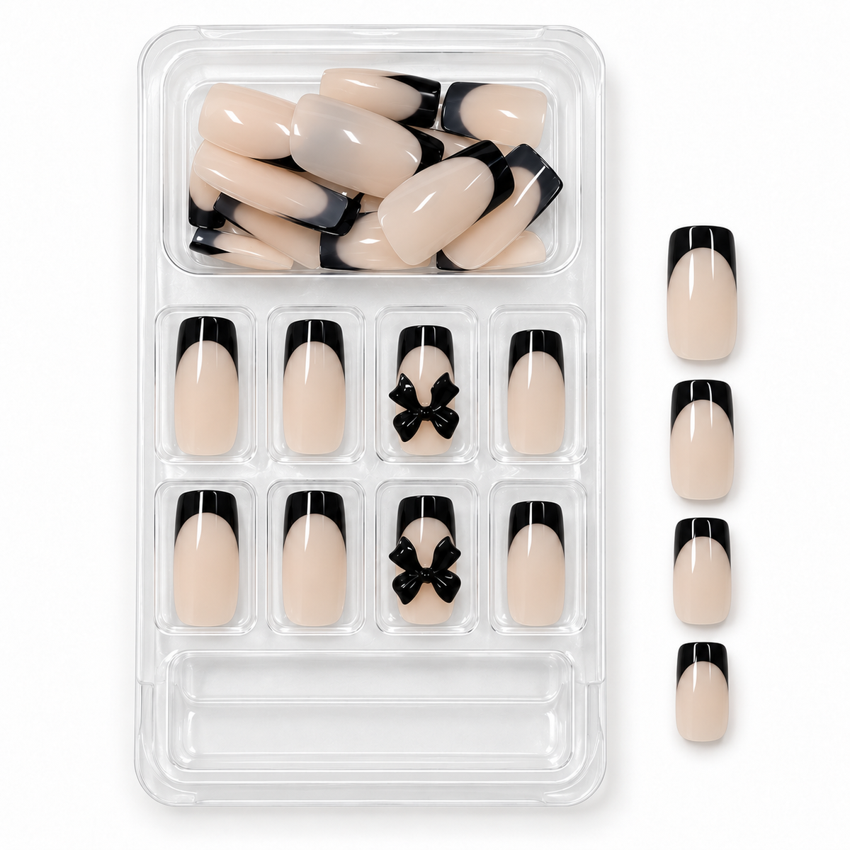 Black French Tip Press-On Nails – 3D Bows, 24pcs