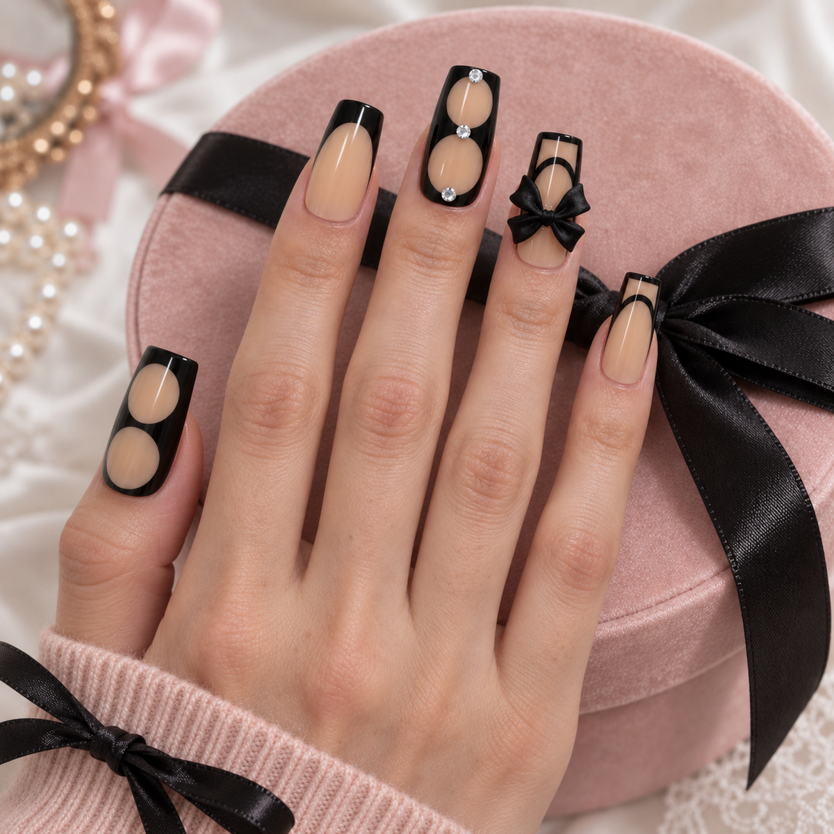 Black French Tip Press-On Nails – Bow Design, 24pcs