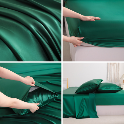 Dark Green Satin Sheet Set – Deep Pocket
