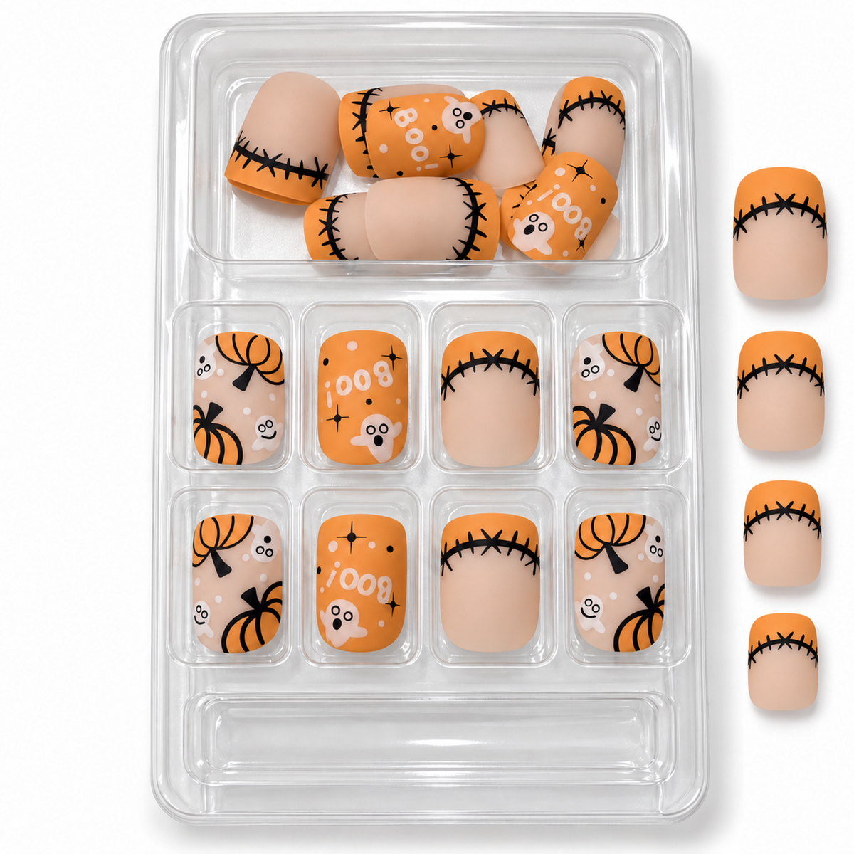 Halloween Pumpkin and Boo Press-On Nails – Nude Square, 24pcs