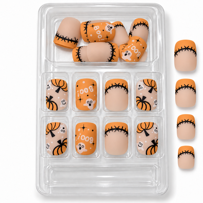 Halloween Pumpkin and Boo Press-On Nails – Nude Square, 24pcs