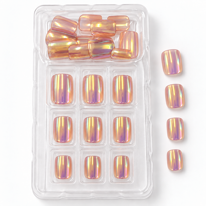 Aurora Chrome Press-On Nails – Glossy Short Square, 24pcs