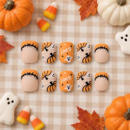 Halloween Pumpkin and Boo Press-On Nails – Nude Square, 24pcs
