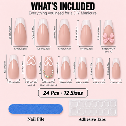 Pink French Tip Press-On Nails – Bows & Hearts, 24pcs