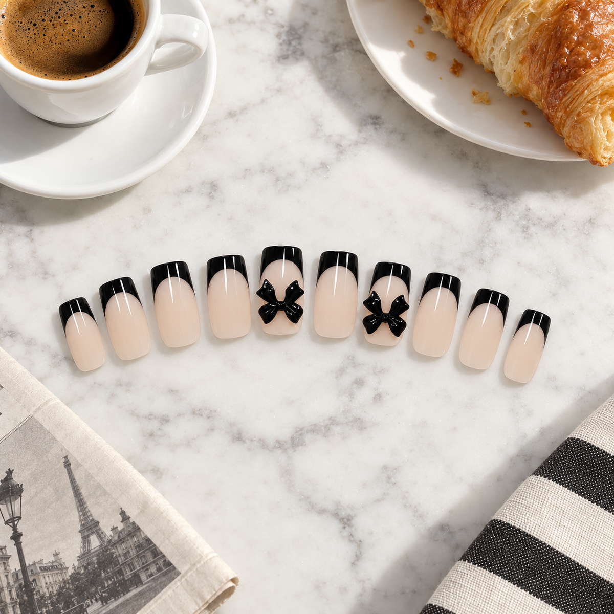 Black French Tip Press-On Nails – 3D Bows, 24pcs