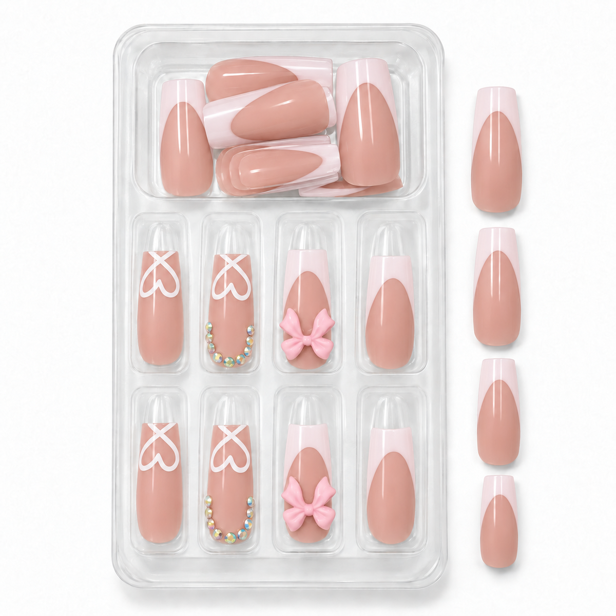 Pink French Tip Press-On Nails – Bows & Hearts, 24pcs