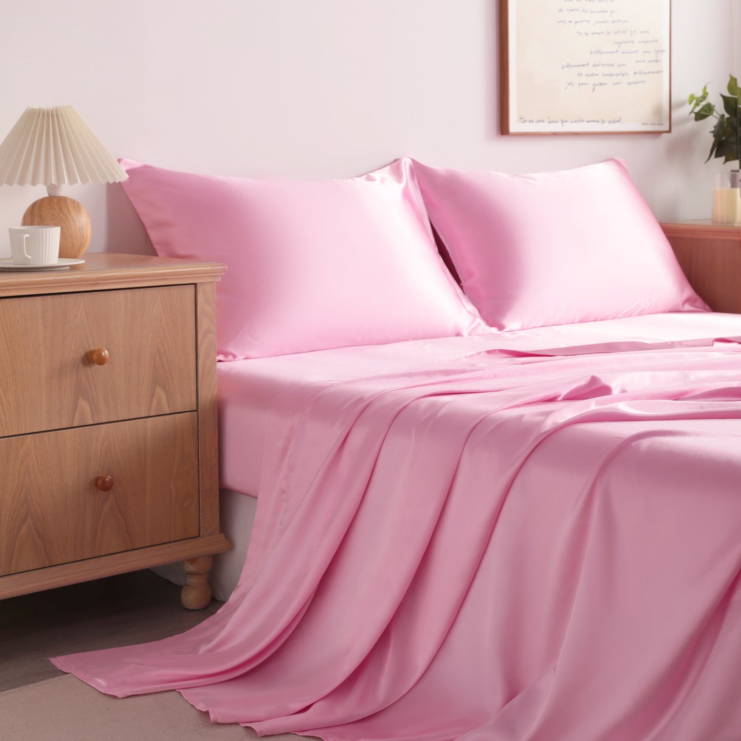 Pink Satin Sheet Set – Deep Pocket