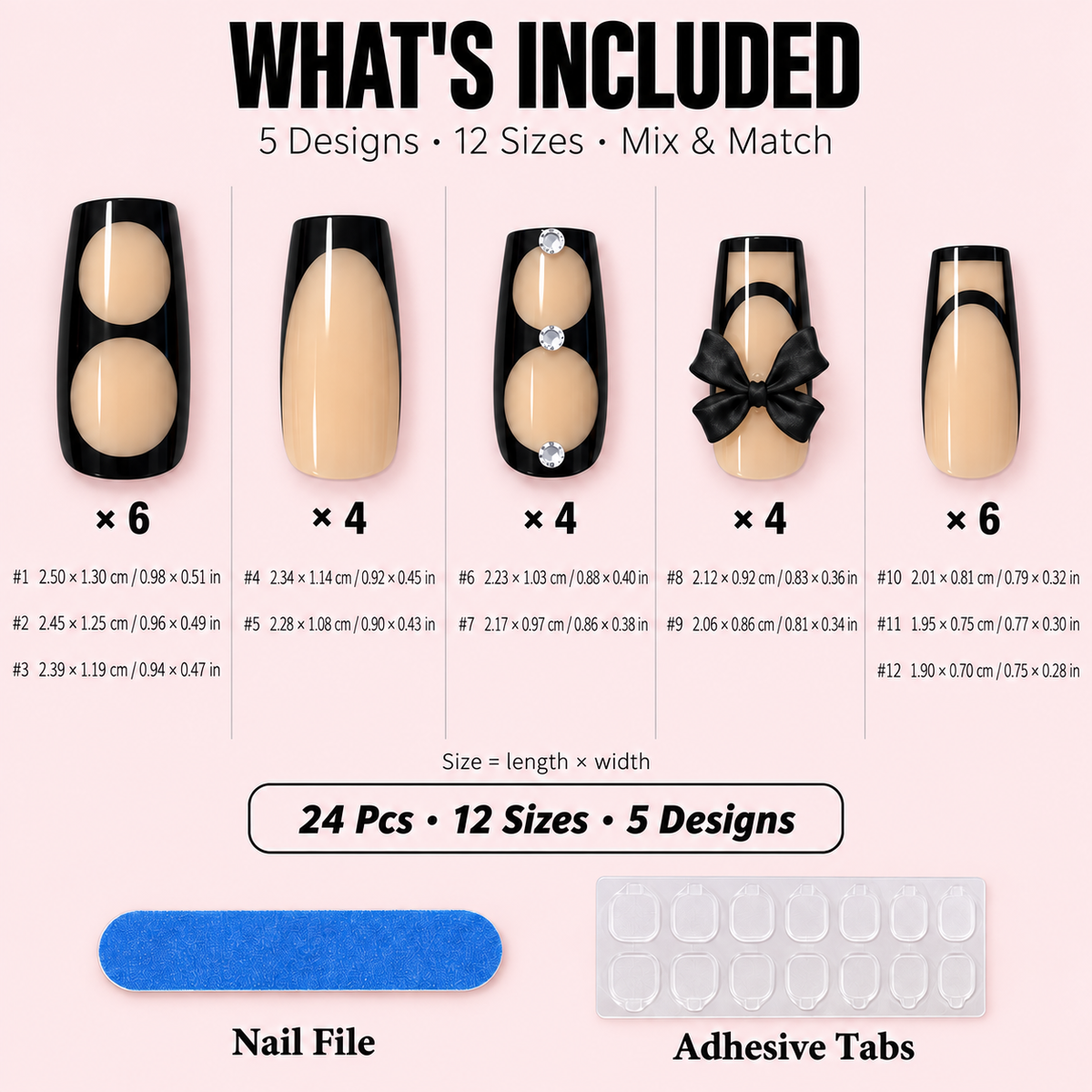 Black French Tip Press-On Nails – Bow Design, 24pcs