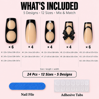 Black French Tip Press-On Nails – Bow Design, 24pcs