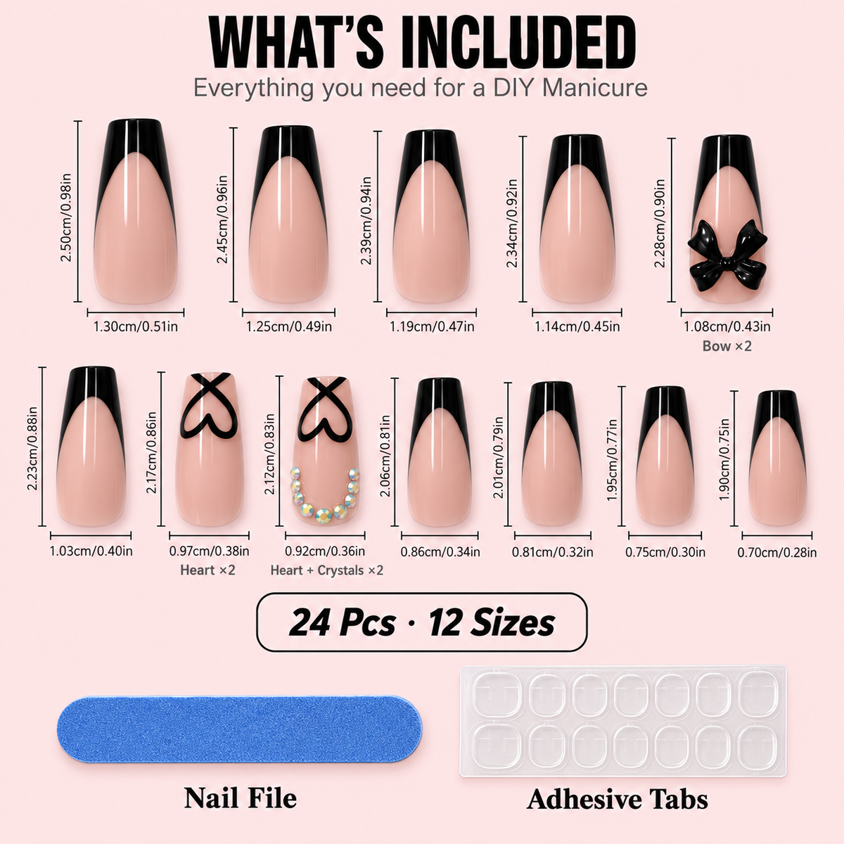 Black French Tip Press-On Nails – Bow & Heart, 24pcs