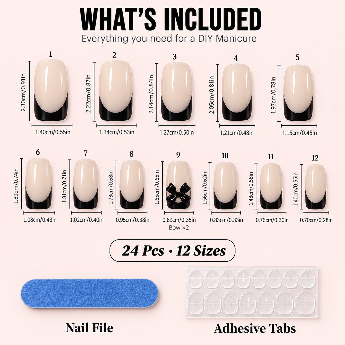 Black French Tip Press-On Nails – 3D Bows, 24pcs