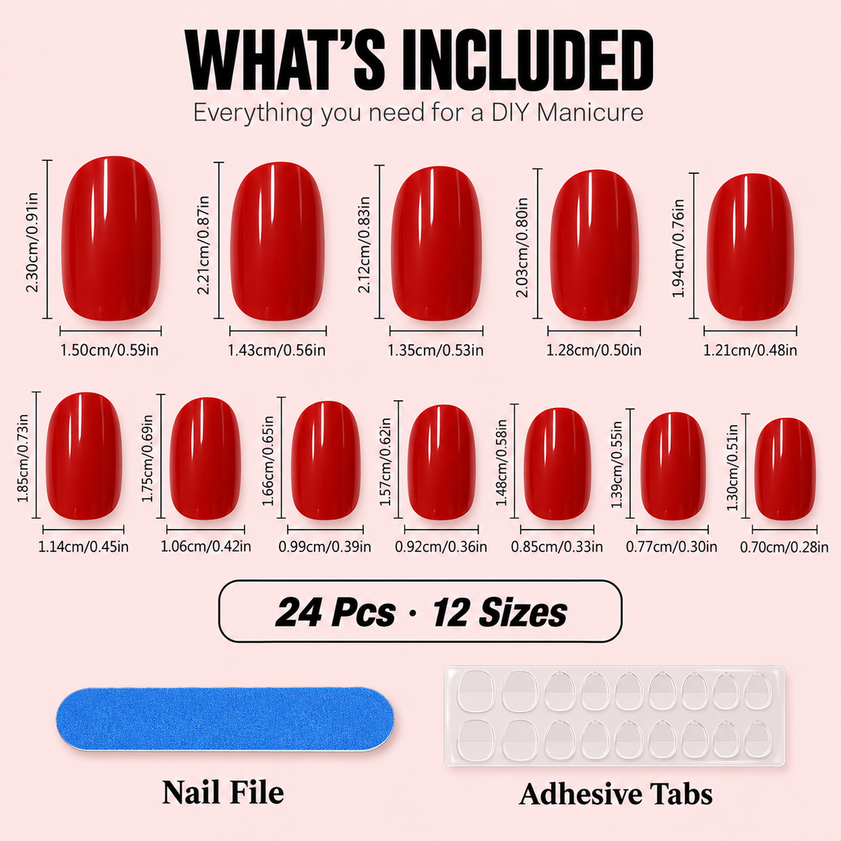 Red Press-On Nails – Glossy Short Oval, 24pcs
