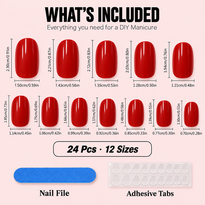 Red Press-On Nails – Glossy Short Oval, 24pcs