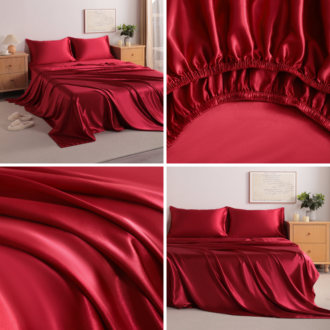 Wine Red Satin Sheet Set – Deep Pocket