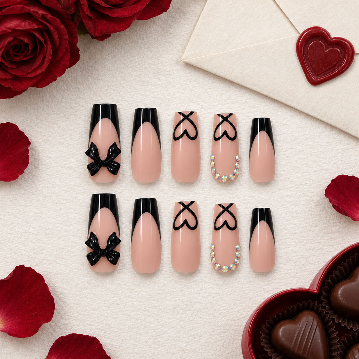 Black French Tip Press-On Nails – Bow & Heart, 24pcs