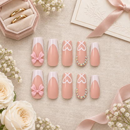 Pink French Tip Press-On Nails – Bows & Hearts, 24pcs