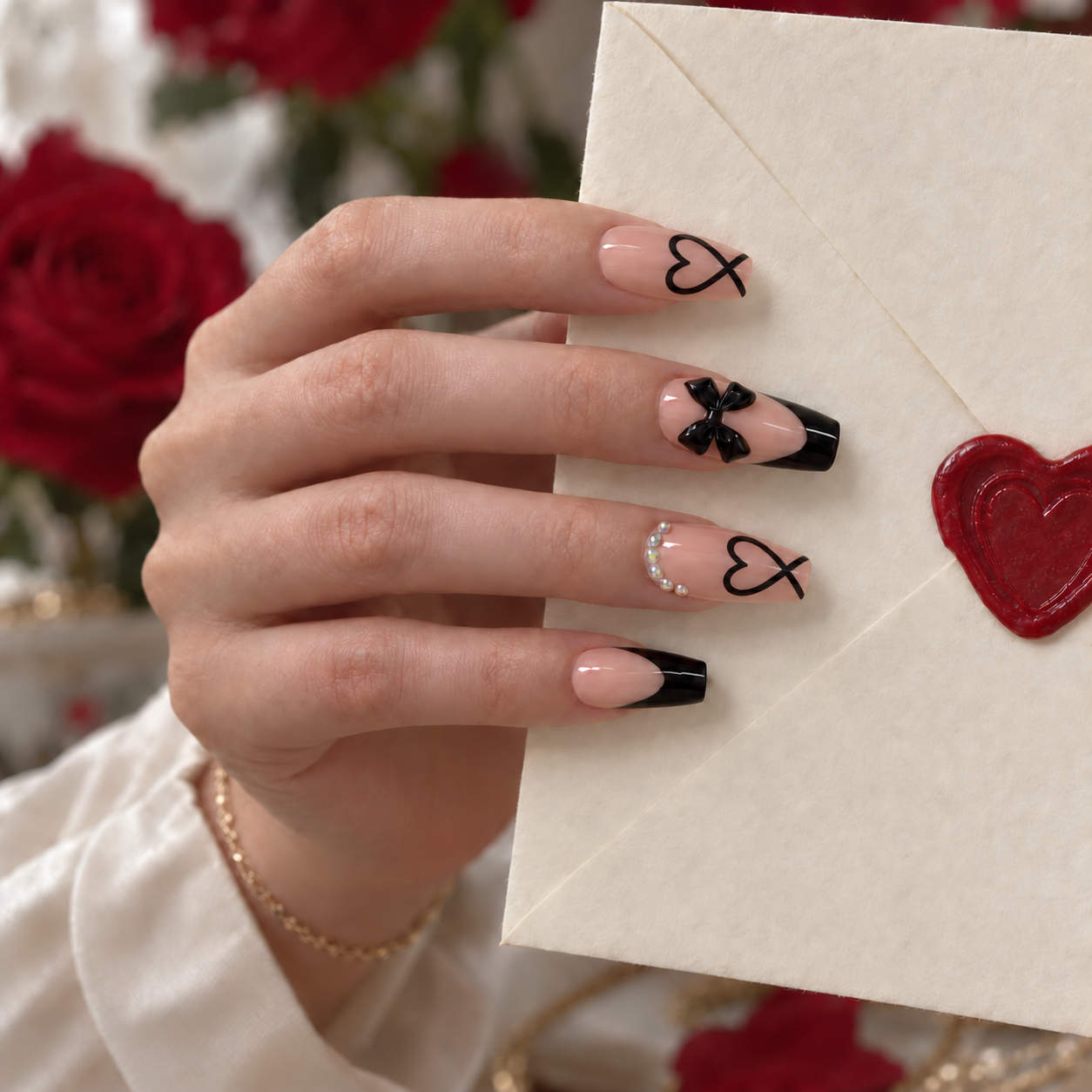 Black French Tip Press-On Nails – Bow & Heart, 24pcs