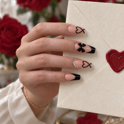 Black French Tip Press-On Nails – Bow & Heart, 24pcs