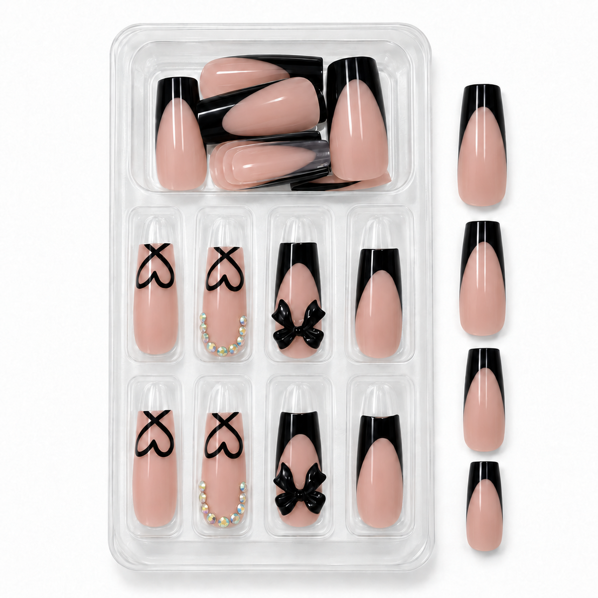 Black French Tip Press-On Nails – Bow & Heart, 24pcs