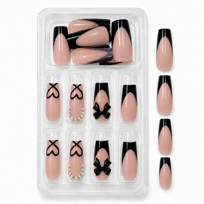 Black French Tip Press-On Nails – Bow & Heart, 24pcs