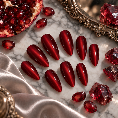 Ruby Red Cat-Eye Press-On Nails – Long Almond, 24pcs