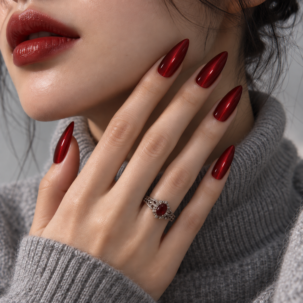 Ruby Red Cat-Eye Press-On Nails – Long Almond, 24pcs