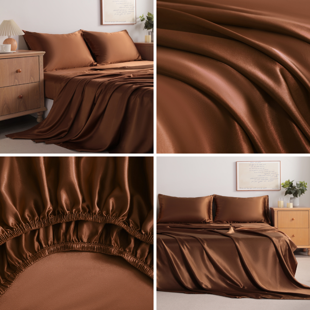 Coffee Satin Sheet Set – Deep Pocket