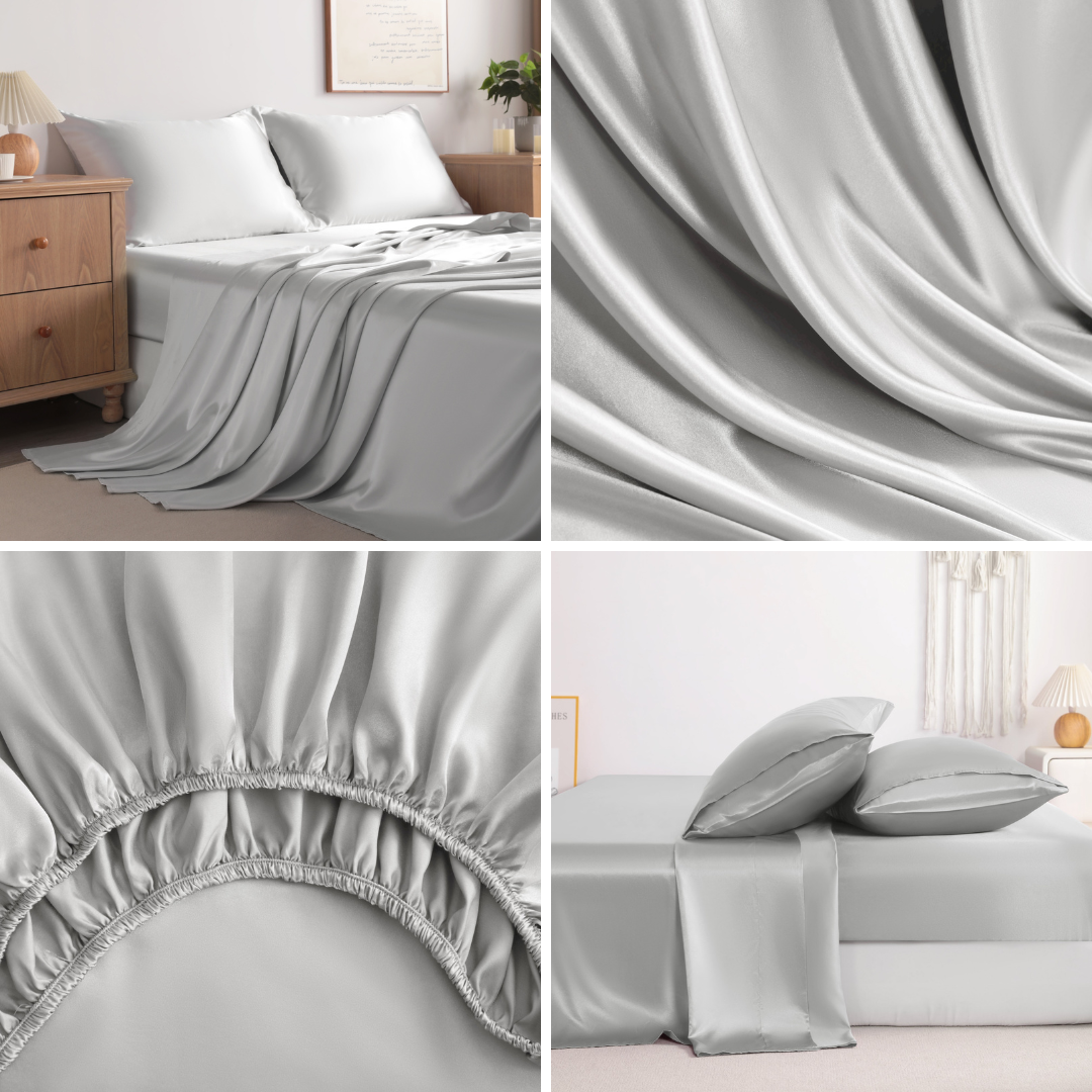 Silver Grey Satin Sheet Set – Deep Pocket