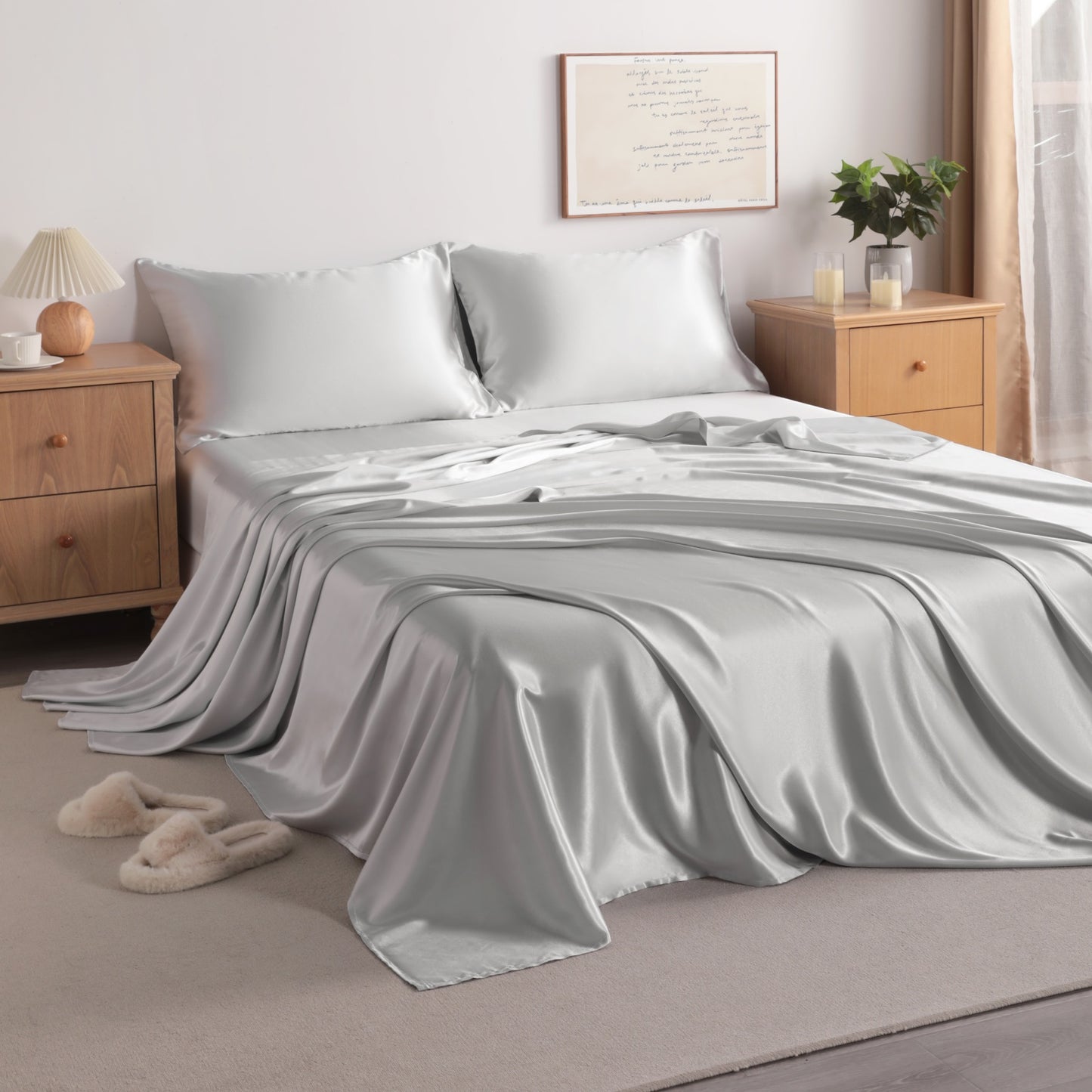 Silver Grey Satin Sheet Set – Deep Pocket