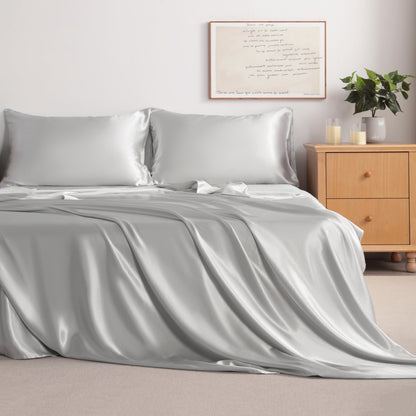 Silver Grey Satin Sheet Set – Deep Pocket