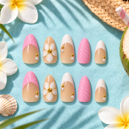 3D Pink French Tip Press-On Nails – Almond, 30pcs