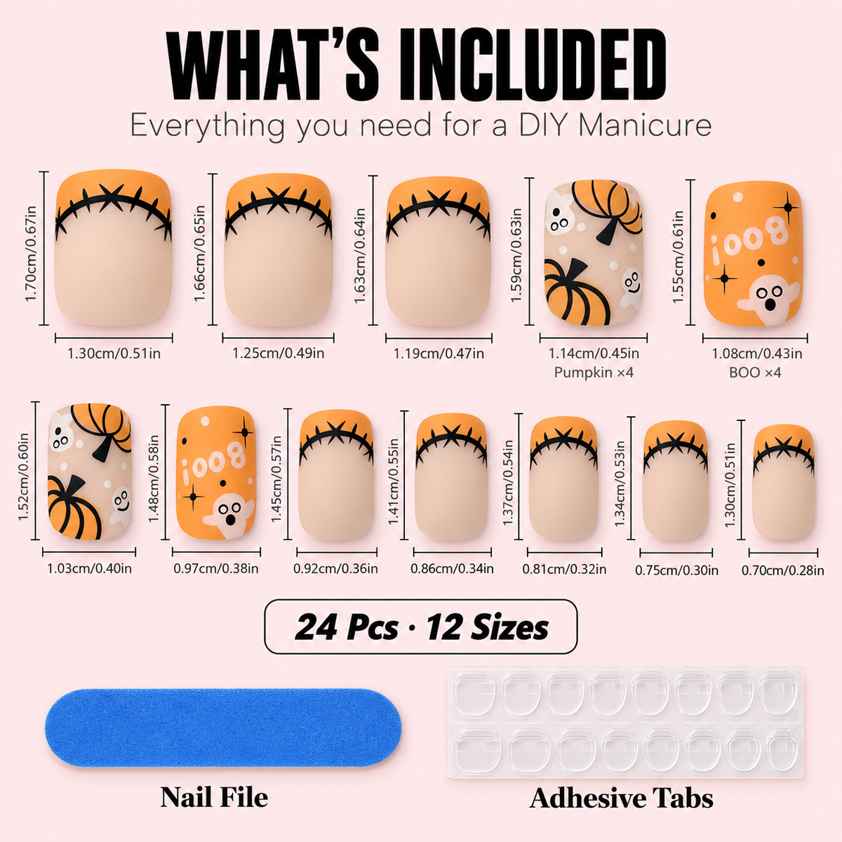Halloween Pumpkin and Boo Press-On Nails – Nude Square, 24pcs