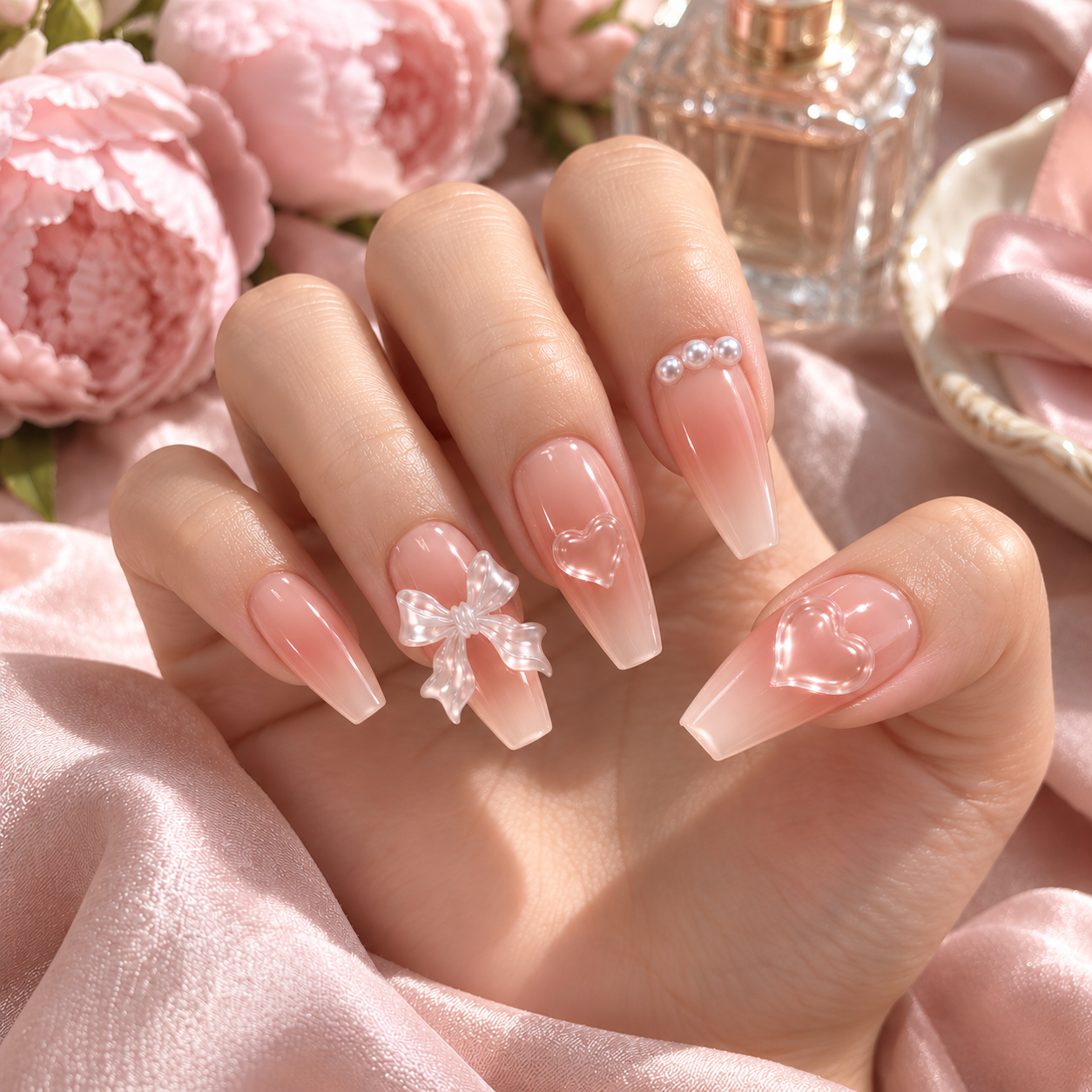 Pink Gradient Press-On Nails – Bows & Hearts, 10pcs – hand