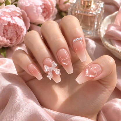 Pink Gradient Press-On Nails – Bows & Hearts, 10pcs – hand