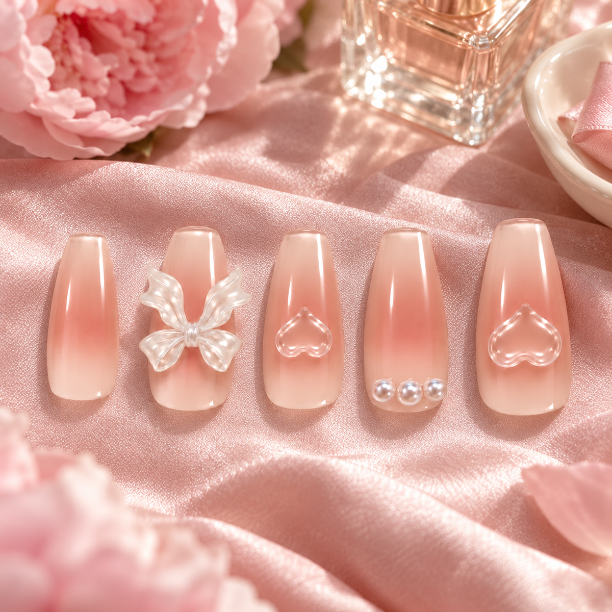 Pink Gradient Press-On Nails – Bows & Hearts, 10pcs – flatlay