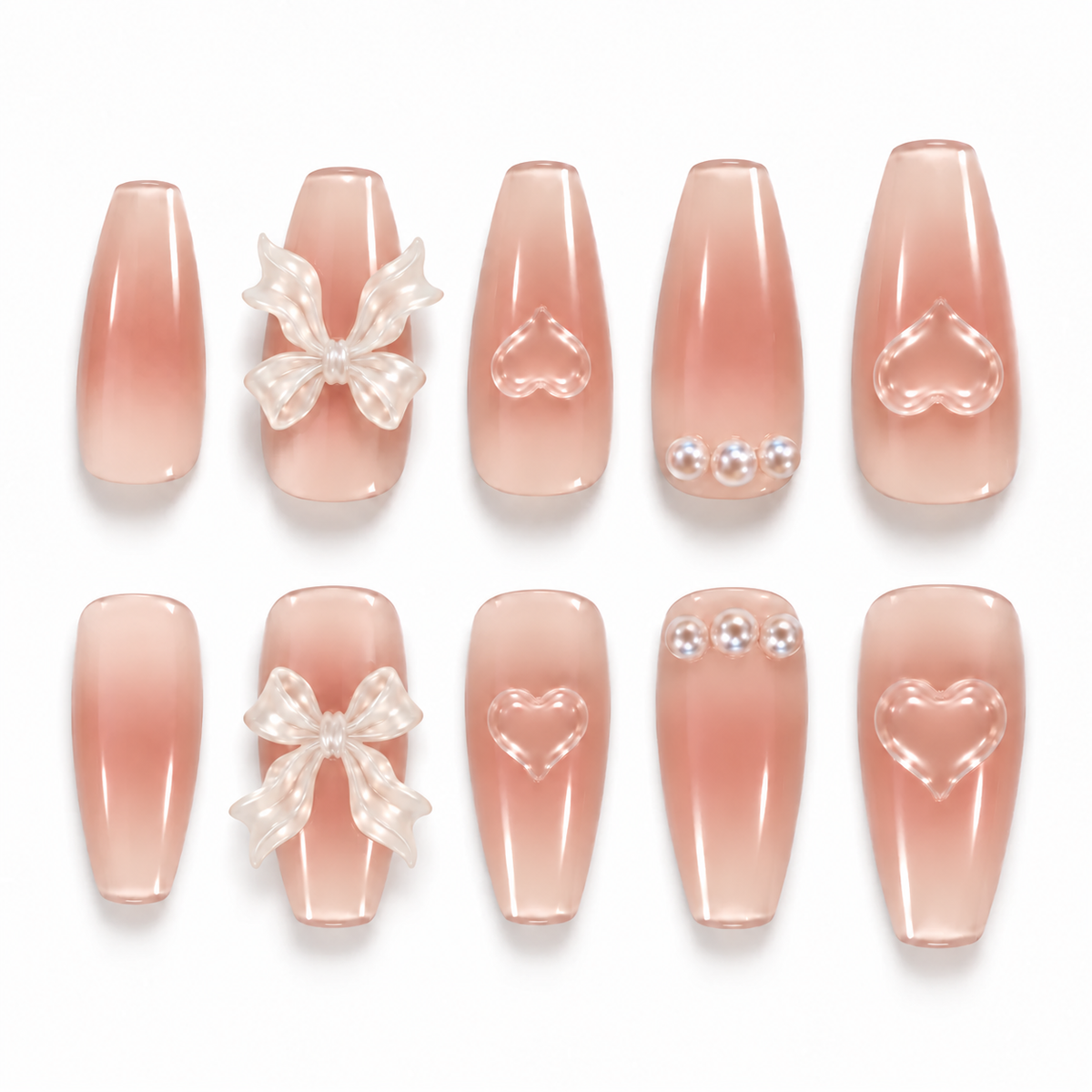 Pink Gradient Press-On Nails – Bows & Hearts, 10pcs – set