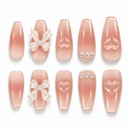 Pink Gradient Press-On Nails – Bows & Hearts, 10pcs – set