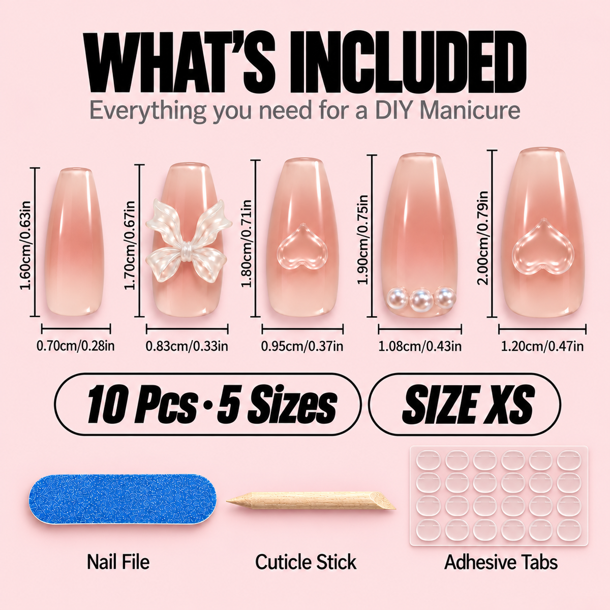 Pink Gradient Press-On Nails – Bows & Hearts, 10pcs – sizechart