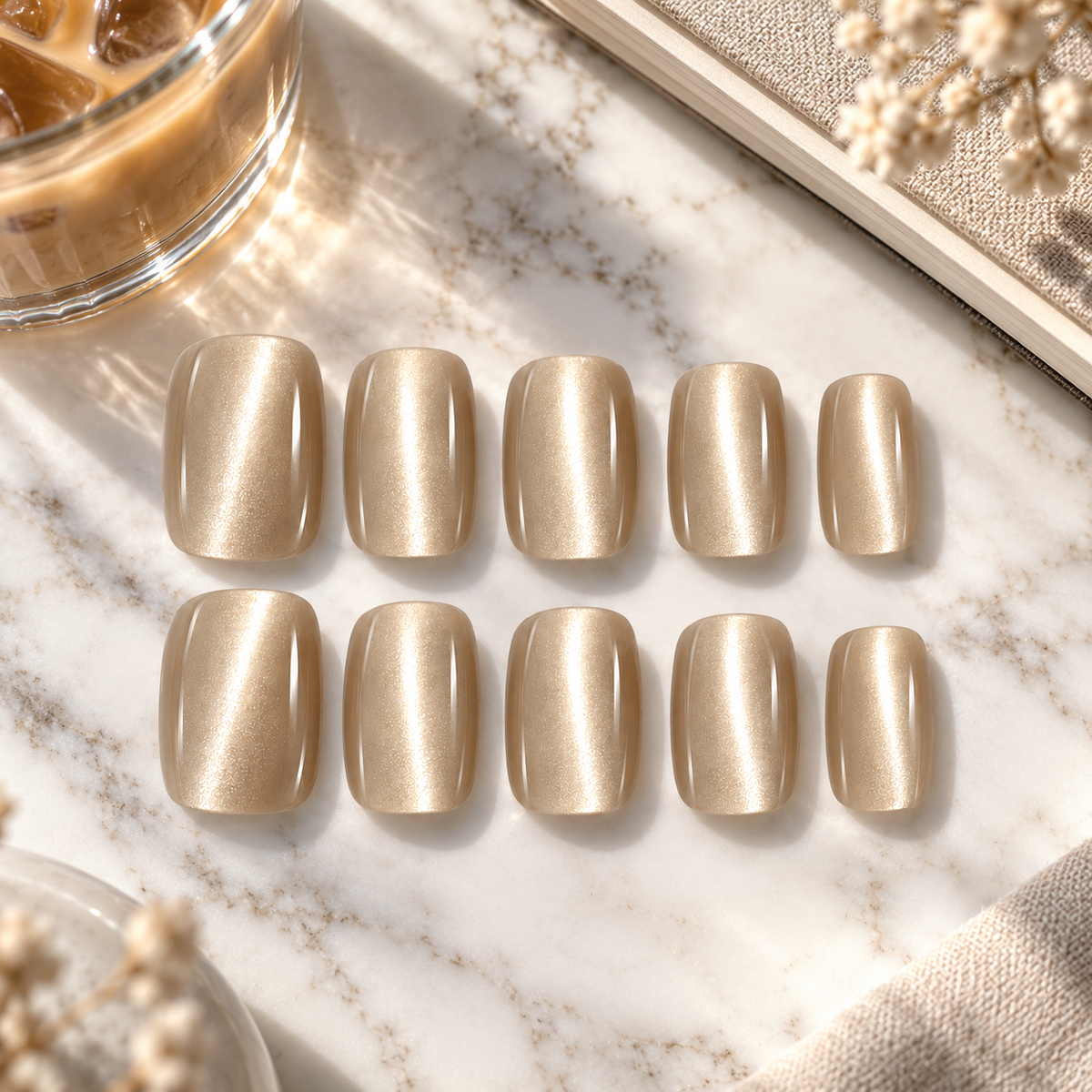 Blush Milk Tea Cat Eye Press-On Nails – 10pcs – flatlay