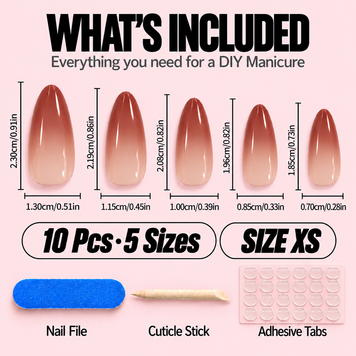 Pink Gradient Press-On Nails – Luxury Style, 10pcs – sizechart