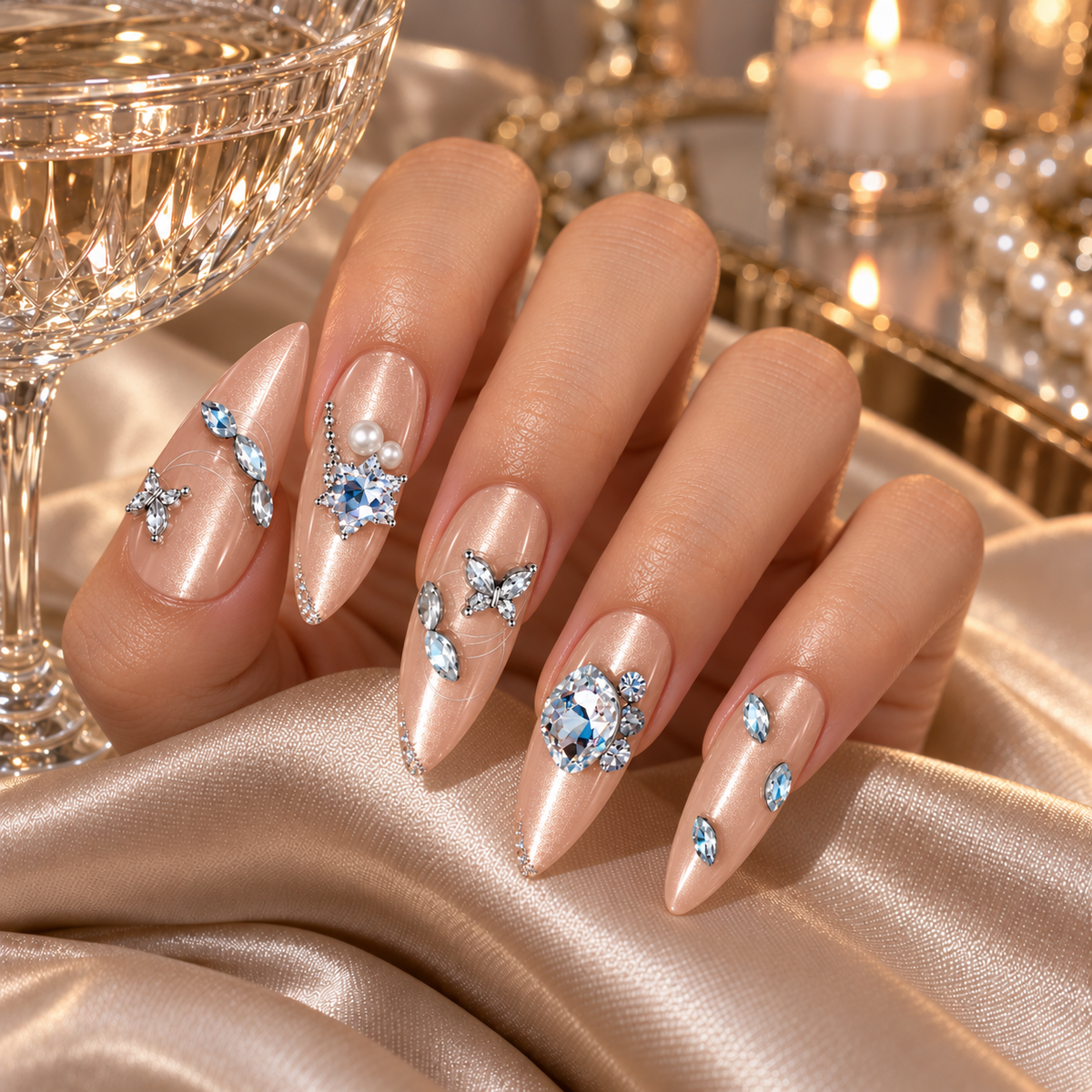 Nude Crystal Press-On Nails – Butterfly Charm, 10pcs – hand