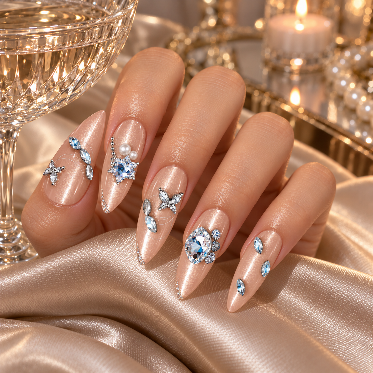 Nude Crystal Press-On Nails – Butterfly Charm, 10pcs – hand