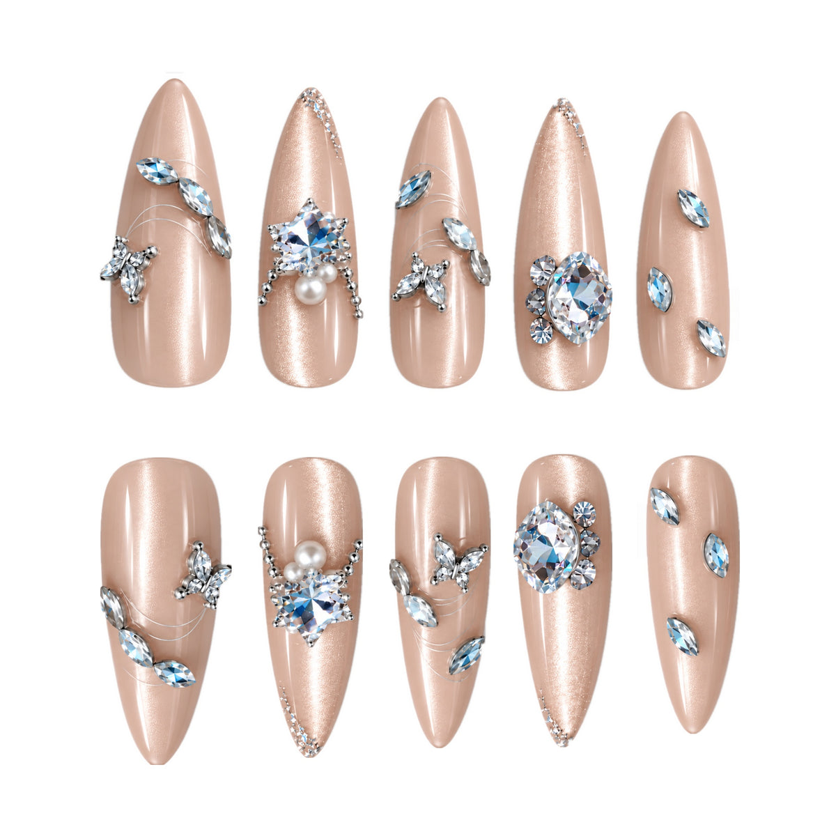 Nude Crystal Press-On Nails – Butterfly Charm, 10pcs – set