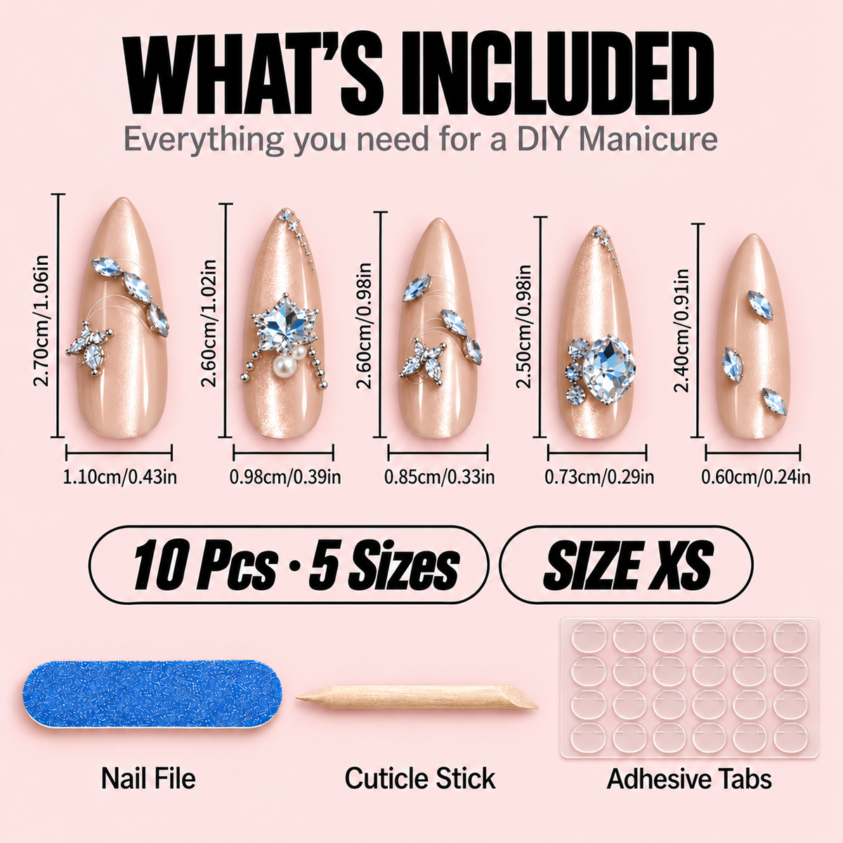 Nude Crystal Press-On Nails – Butterfly Charm, 10pcs – sizechart