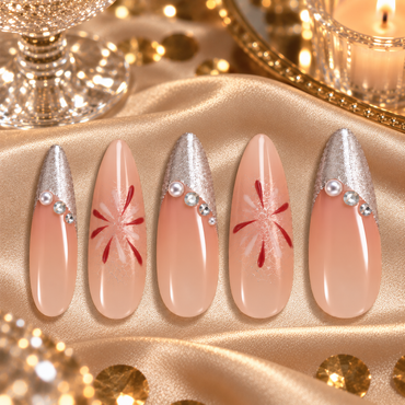 Silver French Tip Press-On Nails – Flower Design, 10pcs – flatlay