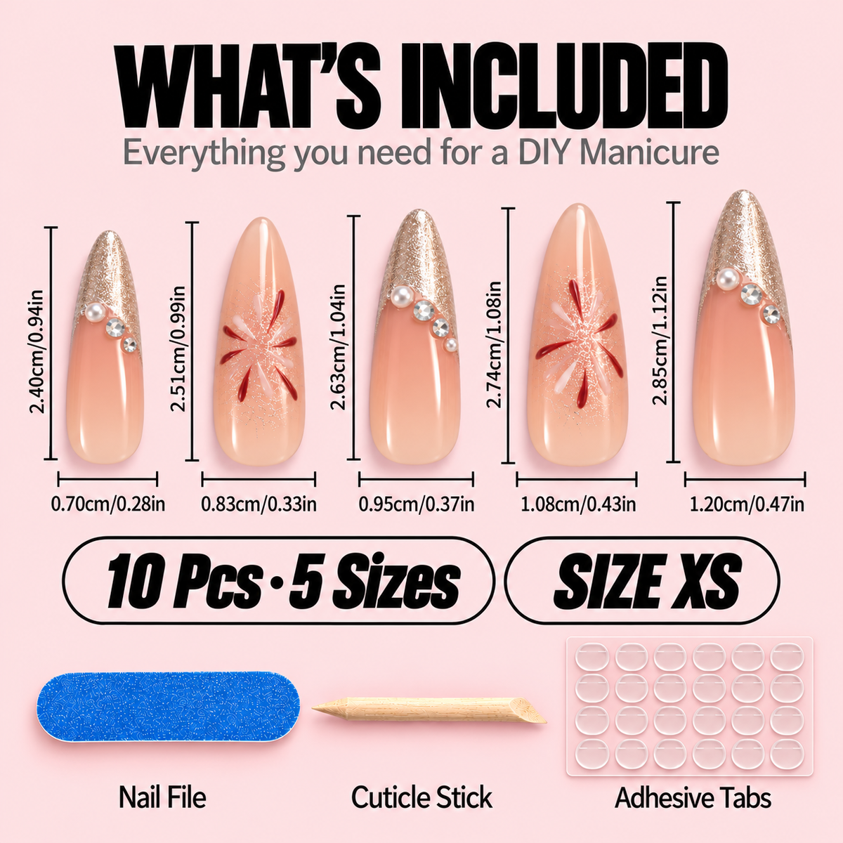 Silver French Tip Press-On Nails – Flower Design, 10pcs – sizechart