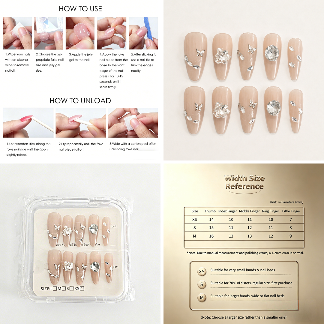 Nude Crystal Press-On Nails – Butterfly Charm, 10pcs