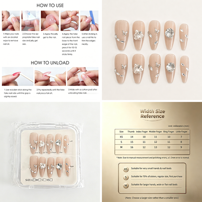 Nude Crystal Press-On Nails – Butterfly Charm, 10pcs