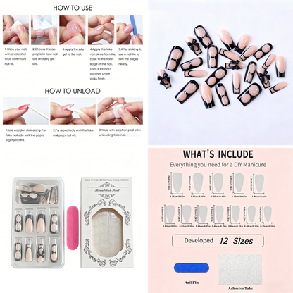 Black French Tip Press-On Nails – Bow Design, 24pcs