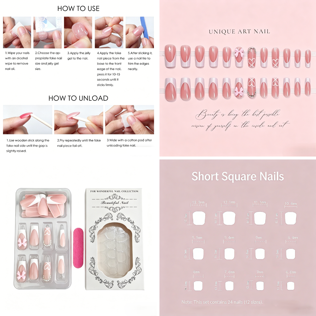 Pink French Tip Press-On Nails – Bows & Hearts, 24pcs
